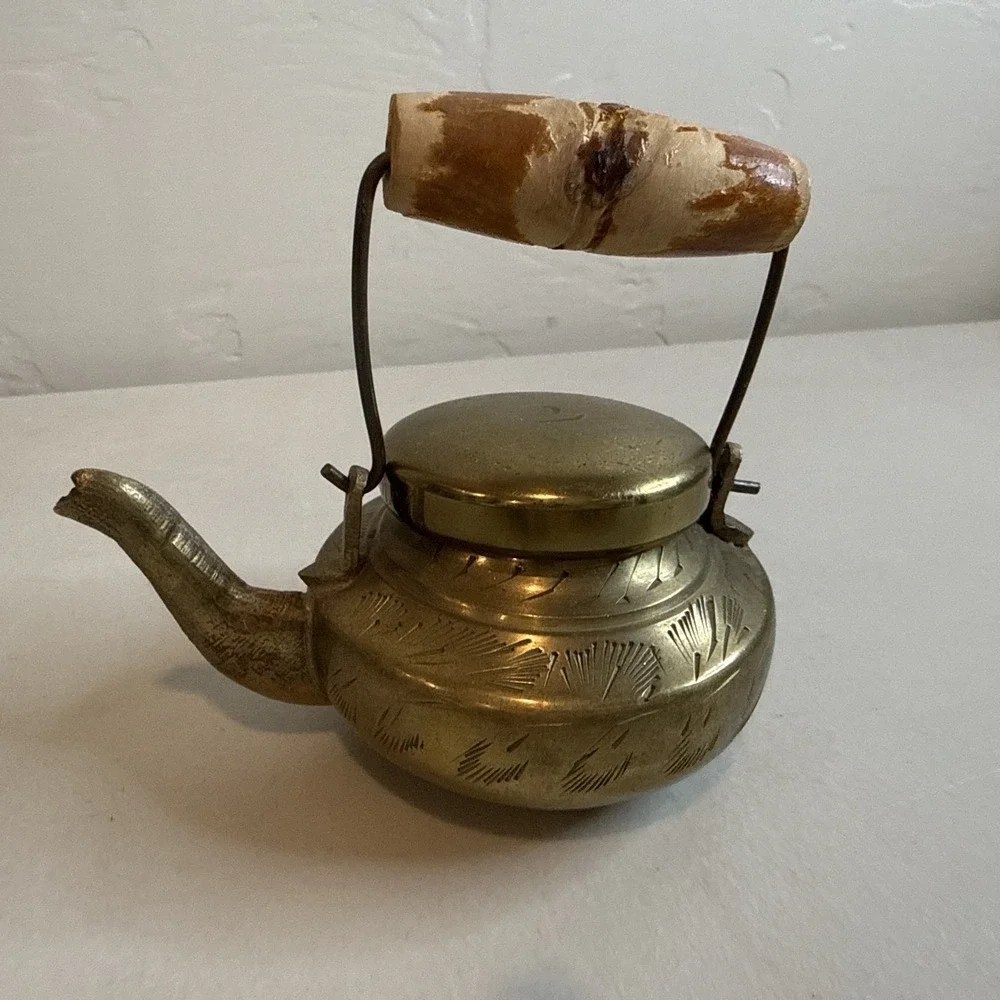 Vintage Miniature Brass Teapot Etched Wood Handle Dollhouse Collectible India